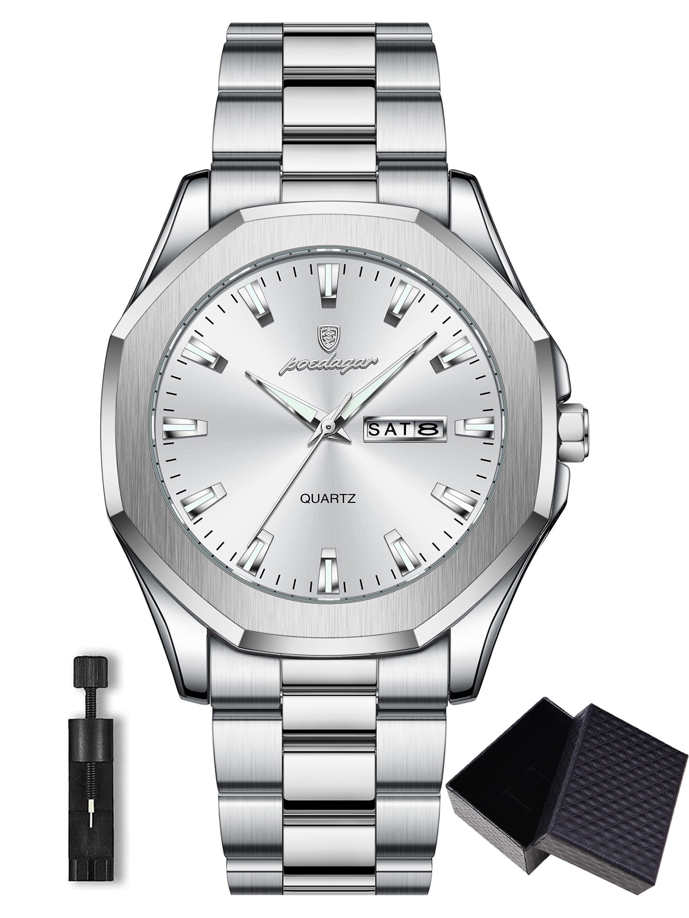 POEDAGAR Business Waterproof Quartz Watches for Men with Date Display Stainless Steel Band