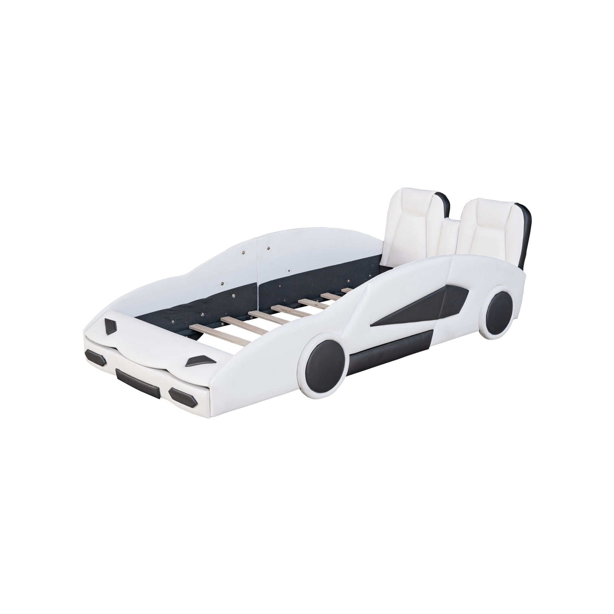 MODERNLUXE Twin Size Race Car Shaped Platform Bed with Wheels, White