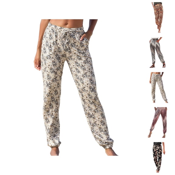 Boho Beach Pants for Women 2026 Spring Summer Floral Print Elastic Waist Joggers Lightweight Casual Pants with Pockets