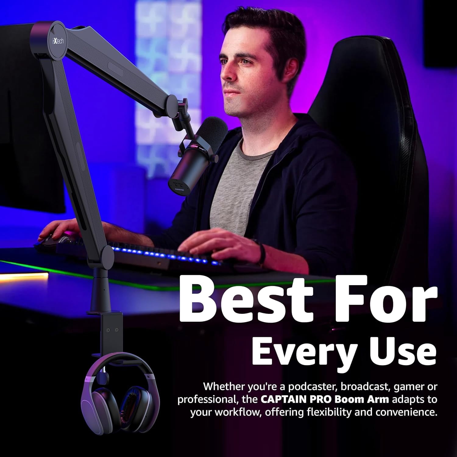 IXTECH Mic Boom Arm Microphone Arm for Blue Yeti Shure Sm7b Hyperx QuadCast Rode At2020 and Fifine Upgraded Mic Stand with Tablet and Headphone Holder for Gaming Podcasting and Streaming CAPTAIN PRO