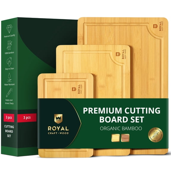 Royal Craft Wood Cutting Board Set For Kitchen, Wooden Cutting Boards With Handles, Multifunctional & Sustainable Bamboo Cutting Boards With Deep Juice Grooves