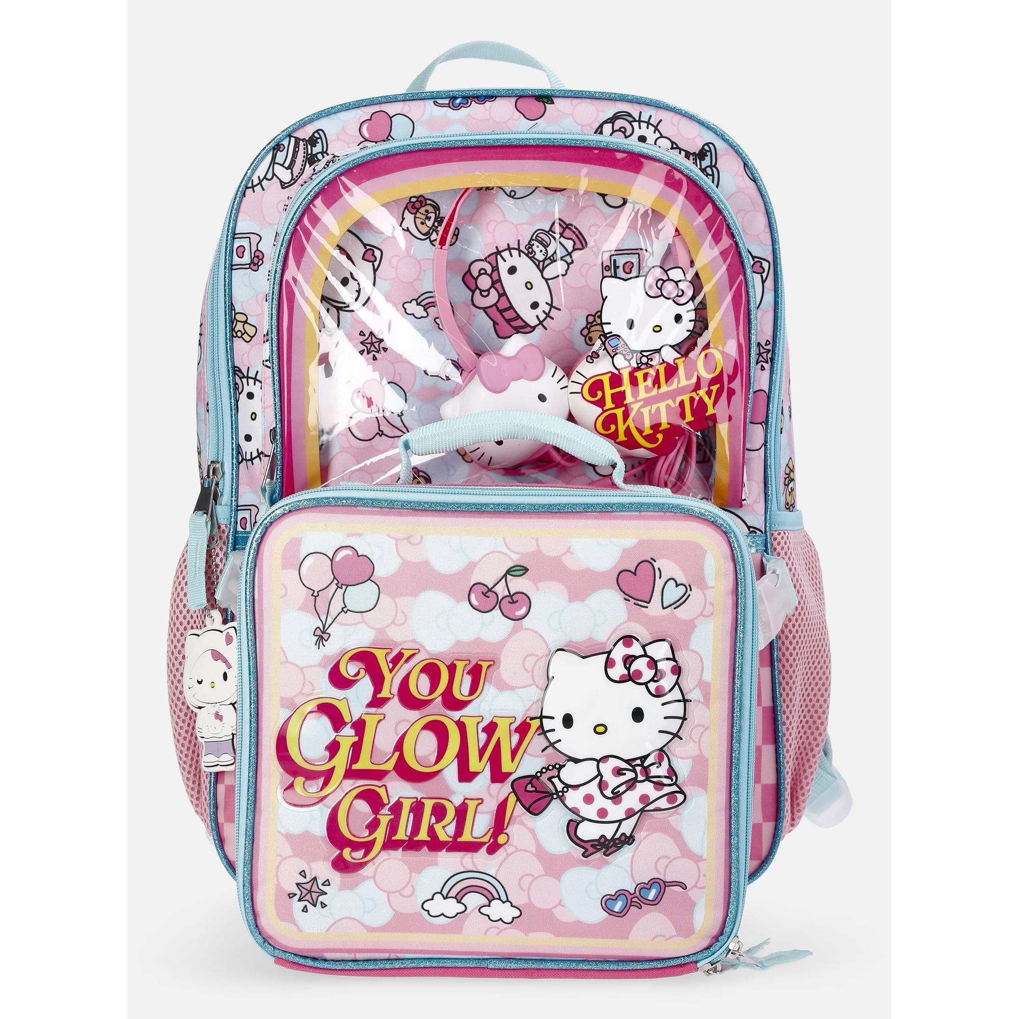 Hello Kitty Girls 17" You Glow Girl Backpack Set with Headphones & Lunch Box, 3-Piece Set, Pink