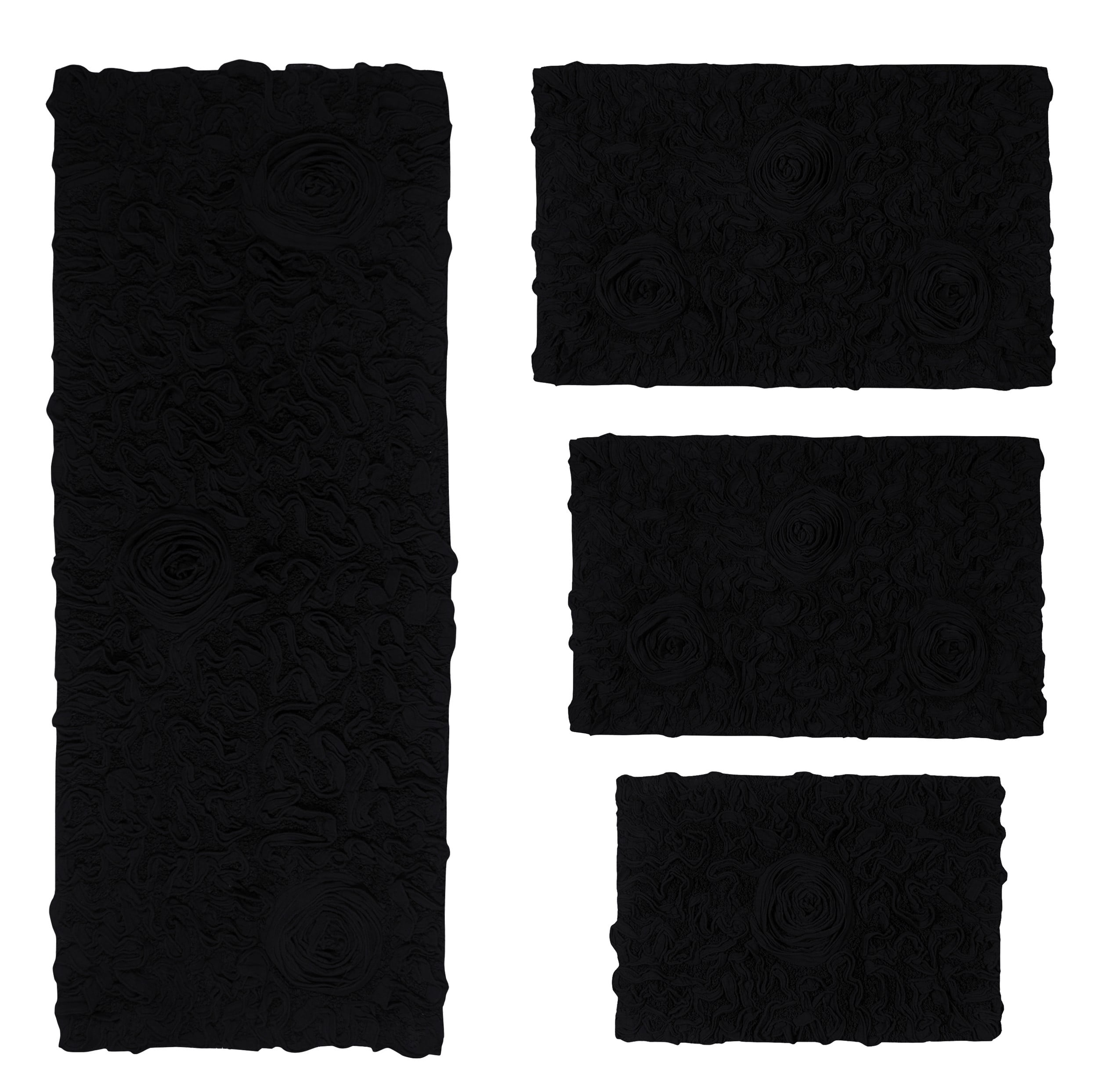 Home Weavers Bell Flower Collection 100% Cotton Non-Slip Bathroom Rug Set Machine Washable Bathroom Rug, Bath Rug, Bathroom Rug, Runner, Black Color 4 Piece Bath Rug set