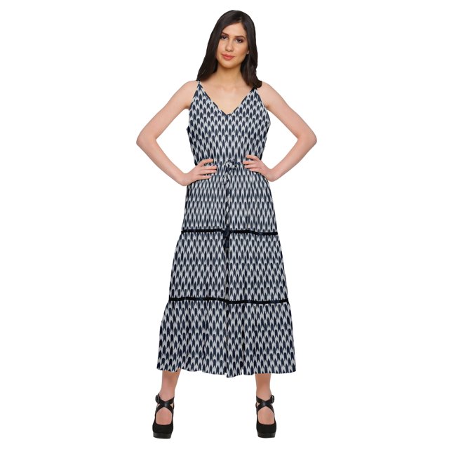 Moomaya Robe Longue Maxi pour Femmes en Coton Imprimé à Bretelles Spaghetti et Col en V