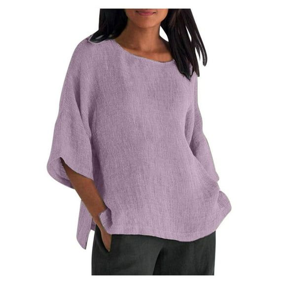 Ecqkame Womens Cotton Linen Tops Solid Casual Loose Tops 3/4 Sleeve Shirt Round-Neck Blouses Purple S