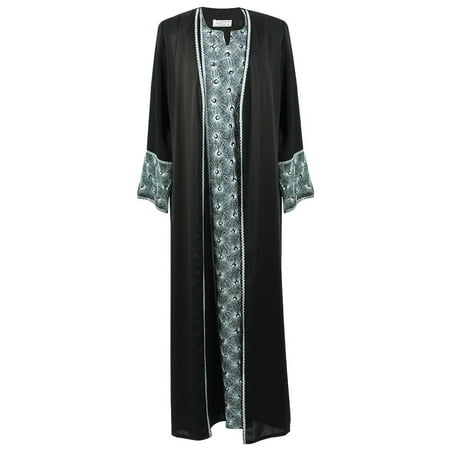 Hijaz Women's Full Body Brown Peacock Tail Embroidery Two Layer Black Abaya