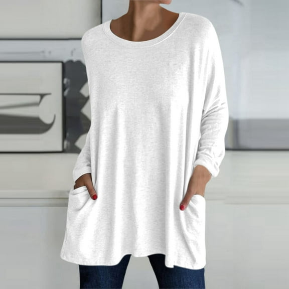 Adeawade Womens Tshirts Crewneck Tops Long Sleeve Solid Color Elegants Tee Clothing Xl White