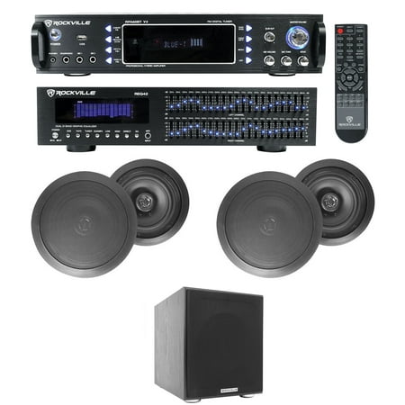 Home Theater Bluetooth Receiver+EQ+ (4) Black Ceiling Speakers+8 Subwoofer