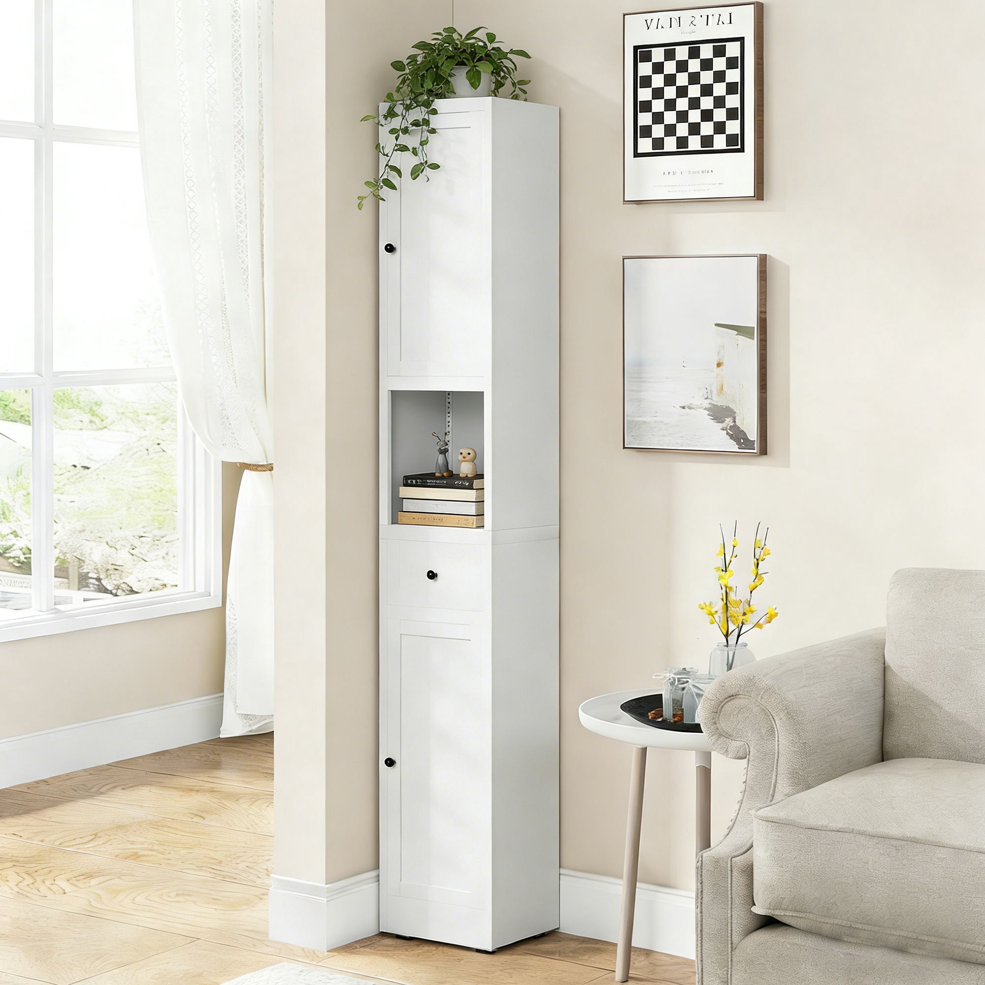 Tall Narrow Storage Cabinet, 5-Tier Metal Freestanding Cabinet with 2 Doors and Adjustable Shelves, 71 in Space-Saving Organizer for Bathroom, Kitchen, Laundry Room, Pantry