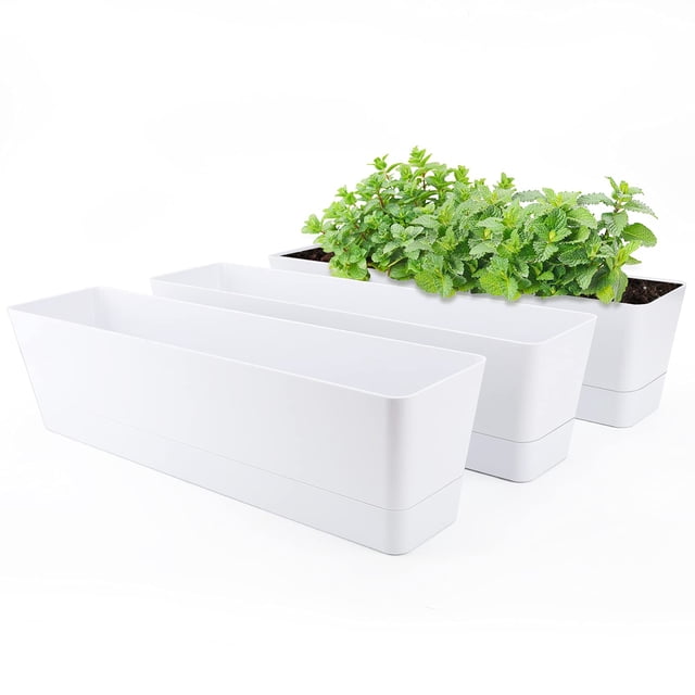 GREANER Window Boxes Planters, 3PCS 16x3.8 Inch Large Herb Planters with Tray, Indoor Succulent Cactus Flowers Vegetable Plastic Rectangle