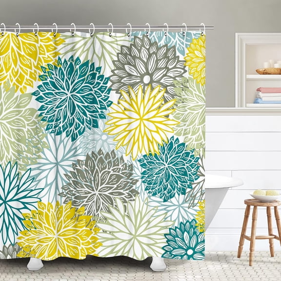 Dahlia Shower Curtain - Blue, Yellow & Gray, 72 x 72 Inch, Navy Brown, Pretty Unique Flower Bathroom Decor Set with 12 Hooks