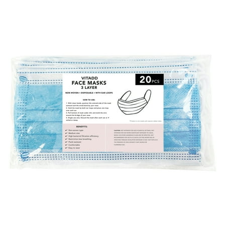 20 Disposable 3-PLY Multi-Purpose Non-woven Breathable Face Masks with Comfortable Earloops