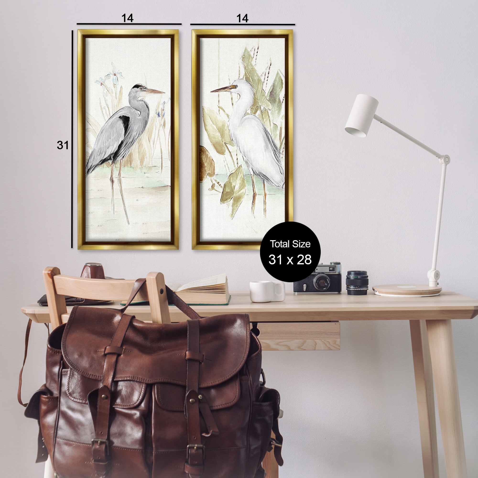 Stupell Industries Heron Egret Marsh Landscape Animals Painting Gold Floater Framed Canvas Art Print Wall Art, 14 x 31, Set of 2