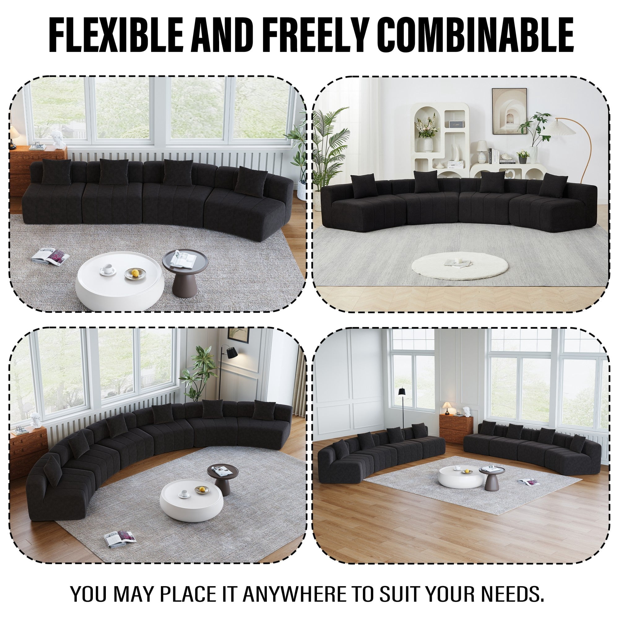 Sailvan Chenille Semi Circular Sofa Sectional, Curved Symmetrical Modular Couch with 2 Pillows for Living Room, Office, No Assembly Required Black