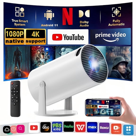 Smart Mini Projector with WiFi And Built-in Apps, Auto Focus And Trapezoidal Correction, DoIby Audio, Zoom, Supports 4K Native 080P Movies, Portable Outdoor Mini Projector, White