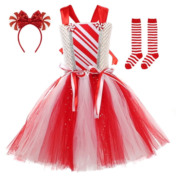 CAIVO Kids Red White Striped Girls Elegant Lace Sleeve O-Neck Stage Performance Dress With Sequins Holiday Party Pageant Outfit Sets Leisure Christmas Clothing Sets