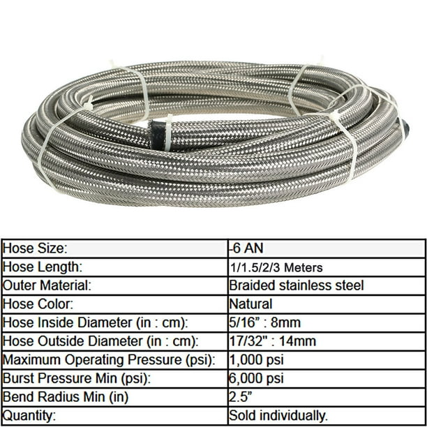 AN-6 AN6 Stainless Steel Braided Fuel Hose Oil Cooler Hose 2M 