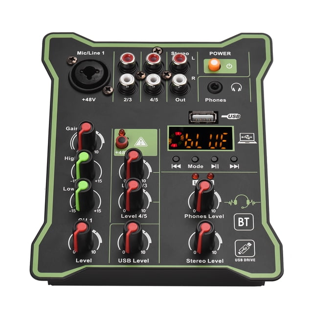 Audio Mixeur Audio Compact 5 Canaux Console de Mixage Sonore 48V Alimentation Fantôme Interface Audio USB Affichage LED Effet Réverbération Intégré Fonction BT pour Enregistrement DJ Diffusion en Direct