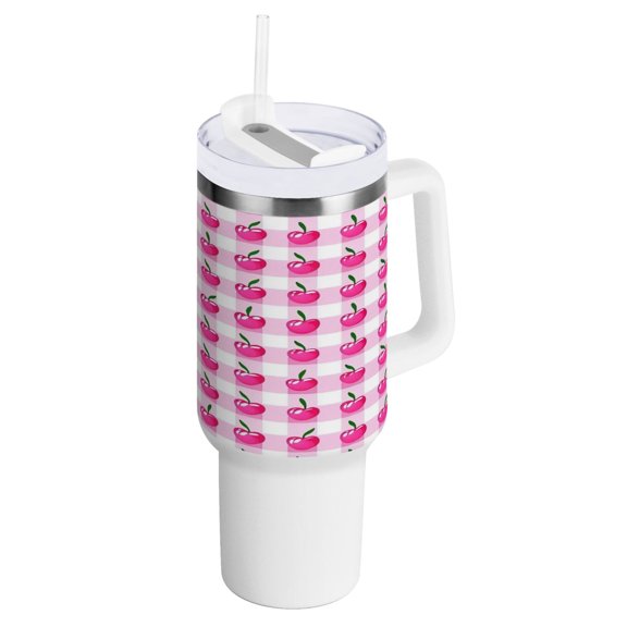 40 oz Tumbler with Handle and Straw Lid Cherry with Gingham Insulated Vacuum Water Bottle Stainless Steel Travel Cup