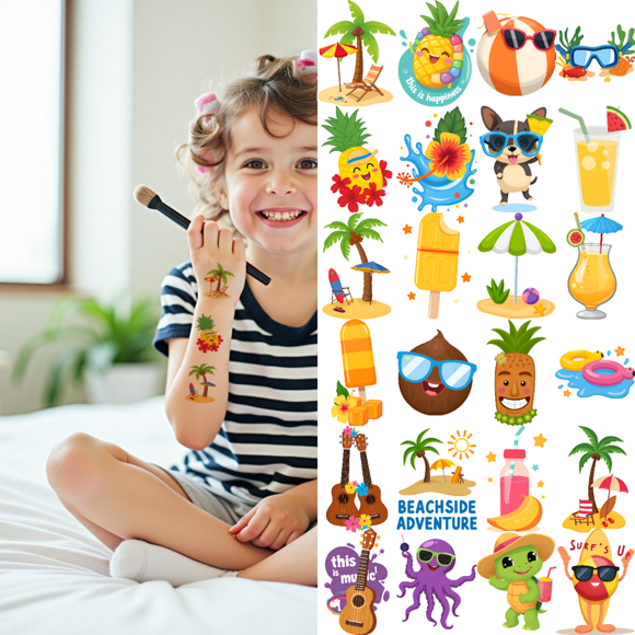 54 Temporary Tattoo Stickers Waterproof Long-lasting Body Stickers Hawaiian Beach Coconut Tree Ice Cream Swimming Ring Kids Boys Girls Tattoo Stickers Arm Arm Leg Shoulder Cheek