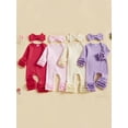 thumbnail image 3 of BemeyourBBs Preemie Baby Girl Spring Summer Fall Winter Clothes Baby Girl Newborn Hospital Going Home Outfit Ribbed Romper Solid Color Ruffled Long Sleeve Full Length Jumpsuit with Bow Headband, 3 of 9