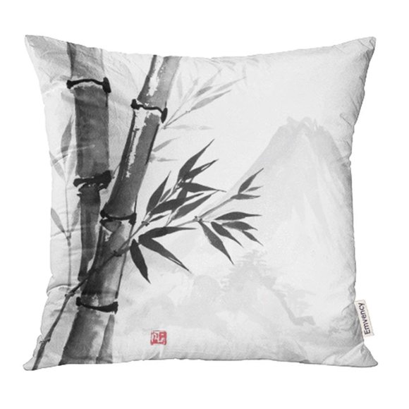 EREHome Bambou Abstrait et Montagnes avec Encre de Style Japonais Traditionnel Sumi E Asia Taie d'Oreiller Housse de Coussin 16x16 Pouces Housses de Coussin