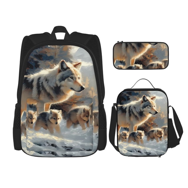 Disketp Wolf Family Winter Wonderland Mochila Estampada de Gran Capacidad con Lonchera y Estuche, Set de 3 Piezas para Estudiantes