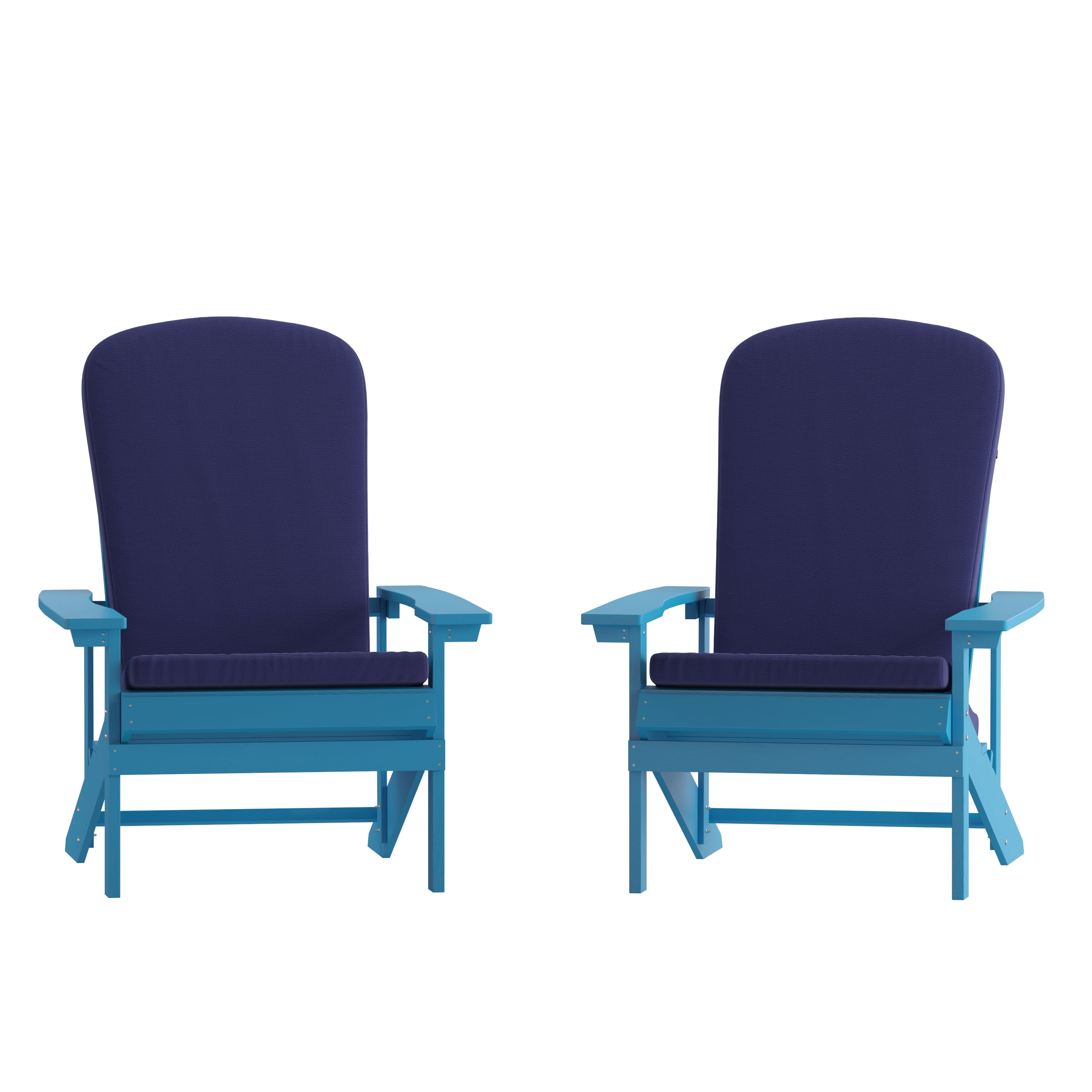 Emma + Oliver Set of Two Blue All-Weather Polyresin Adirondack Chairs with Blue Cushions