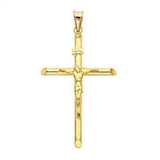 14K Yellow Gold Jesus Engraved Cross Pendant - Crucifix Charm Polish Finish - Handmade Spiritual Symbol - Gold Stamped Fine Jewelry - Great Gift for Men & Women for Occasions
