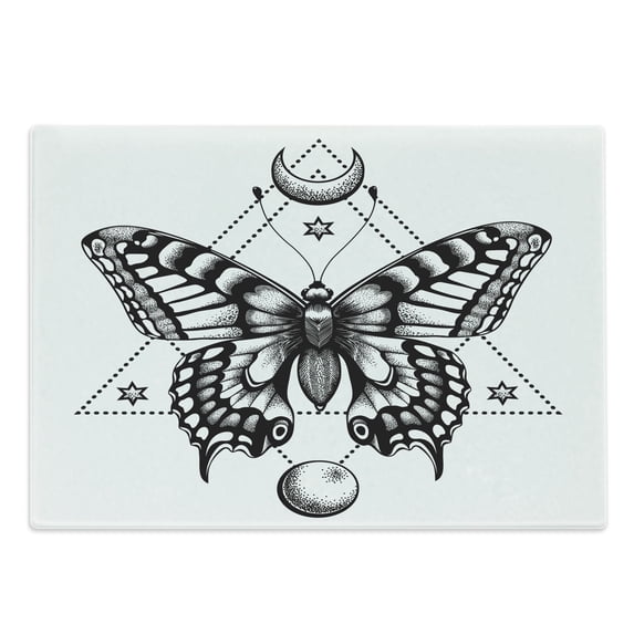 Magic Moon Cutting Board, Detailed Drawing Mystical Butterfly with Triangles and Stars, Decorative Tempered Glass Cutting and Serving Board, in 3 Sizes, by Ambesonne
