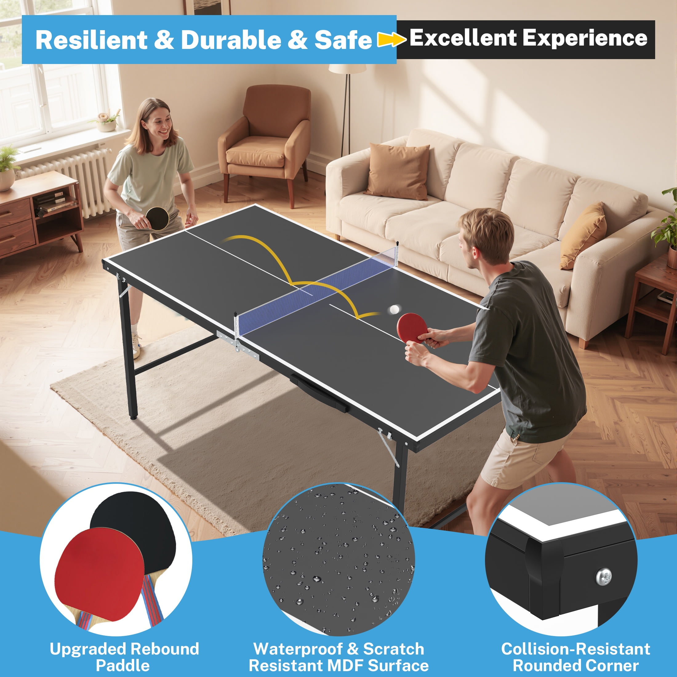 Outdoor Ping Pong Table, SEGMART 5FT Mid-Size Table Tennis Game Set, Indoor Outdoor Portable Table Tennis Game with Net, 2 Table Tennis Paddles and 3 Balls