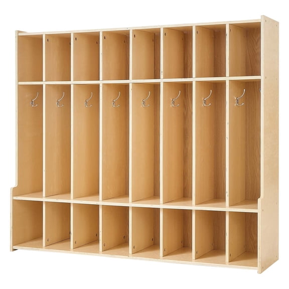 KFFKFF 8-Section Wooden Kids Coat Locker, Toddler Cubby Storage Organizer with 16 Hooks & Anti-Tip Kit, Modern Coat Cubbies with 16 Small Open Compartments for Home, Kindergarten, Daycare