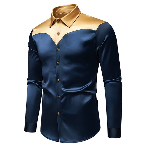 Blusa y camisa de manga larga con cuello vuelto para hombre, blusa informal de moda con botones y retazos, blusa de manga larga con cuello vuelto, blusa de poliéster para hombre