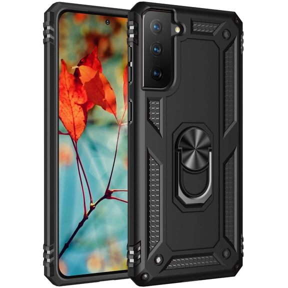 for Samsung Galaxy S21 FE 5G Case, Armour Silicone TPU Bumper Galaxy S21 FE Cover with Rotable Magnetic Ring Stand, Military Shockproof Protective Cell Phone Case for Samsung S21 FE 5G Black
