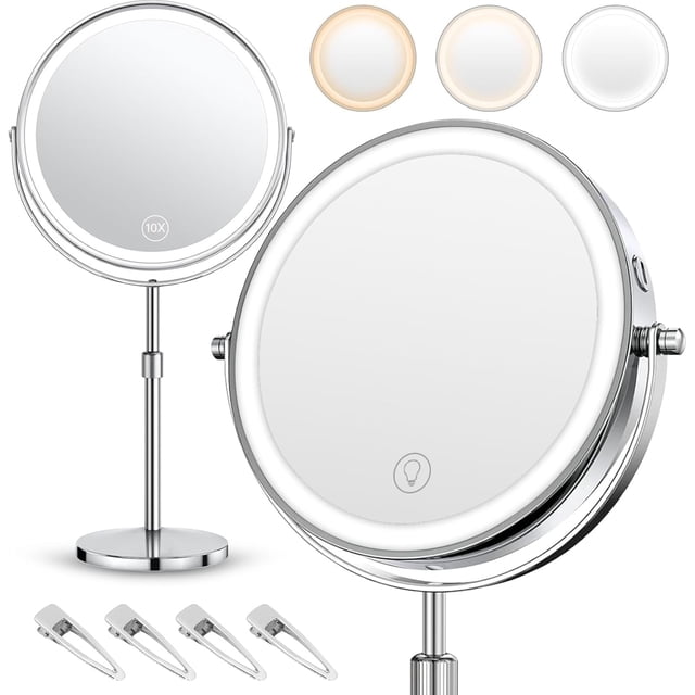 Espejo con Luz para Maquillaje, Espejos para Maquillaje con Aumento 10X/1X, Espejo de Tocador y Luz Led, Espejo Maquillaje Portatil de Doble Cara, 3 Modos de Colores,Rotación de 360°