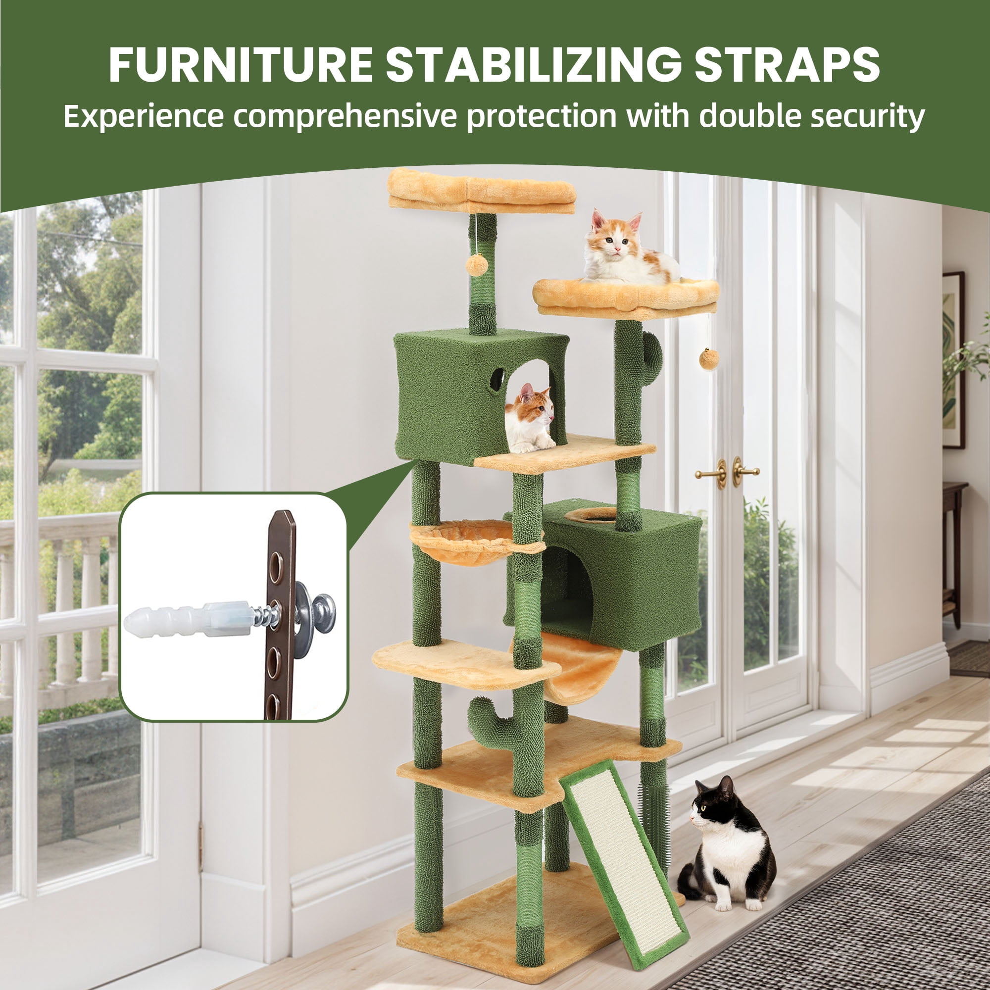 Uforic Large 76" Cactus Cat Tree Tower with Sisal Scratching Posts, Multi-Level Cat House and Condo, Green & Yellow