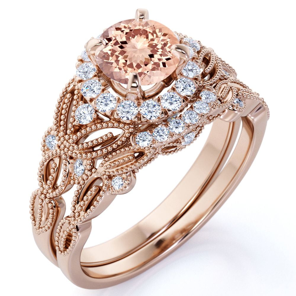 JeenMata Round Cut Peach created morganite Vintage Bridal Set in 18k Rose Gold over Silver