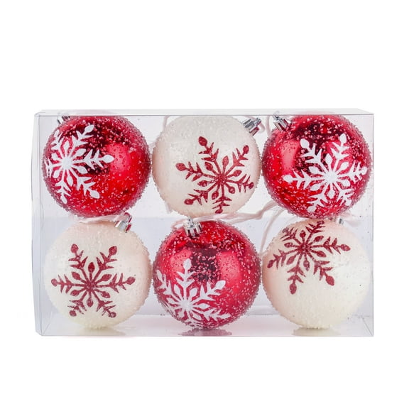 National Tree Company Christmas Ornaments, Red, White, Snowflake, Glitter, Shatterproof, Set of 6