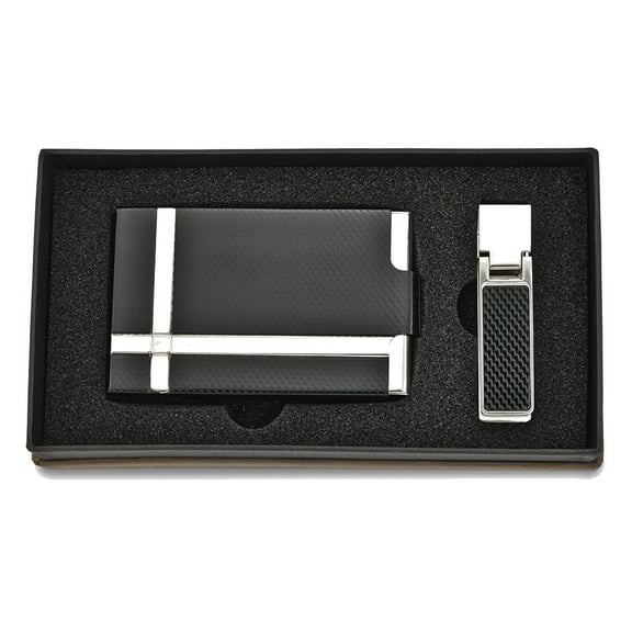 Black and Silver-tone Carbon Fiber Card Case and Money Clip Gift Set QGM5140