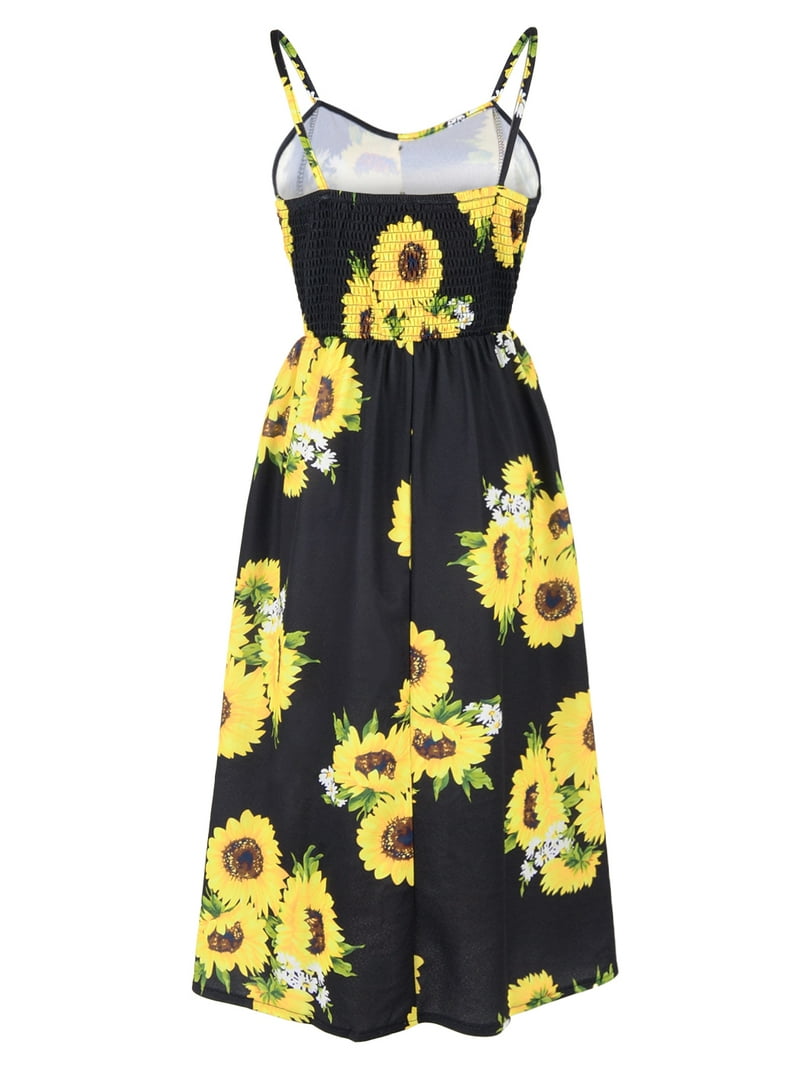 Feinuhan Womens Sunflower Print Dress Spaghetti Strap Floral