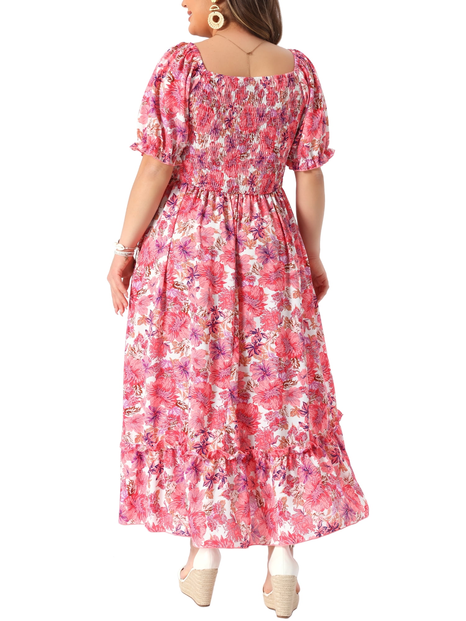 DARING DIVA Women's Plus Size Short Sleeve Square Neck Maxi Floral Dress 2X Hot Pink