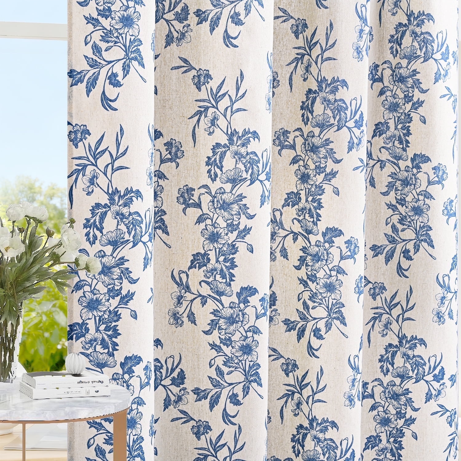 Alishomtll Floral Curtains for Living Room Farmhouse Country Linen Curtains Light Filtering Window Drapes,Blue ,52"x63", 2 Panels