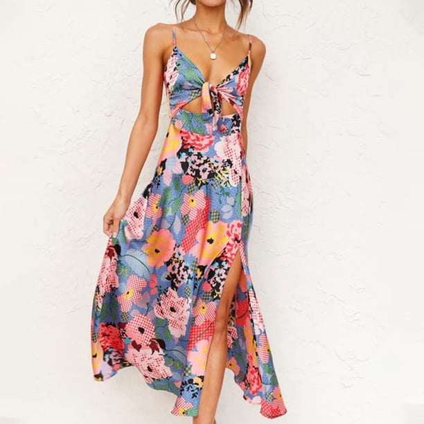 WILLBEST Vestidos de Verano para Mujer, Falda con Tirantes y Abertura En El Pecho y Lazo Decorativo con Estampado Floral para Mujer, Falda Informal Chica