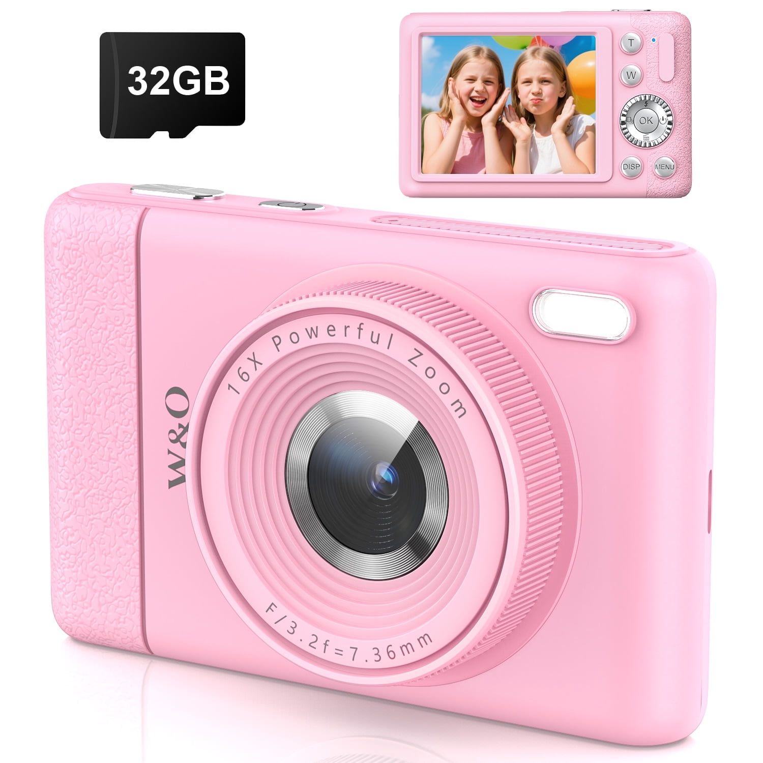 W & O Q8 Zoom 16X Zoom 64 MP CMOS Point & Shoot Digital Camera with SD Card, Pink