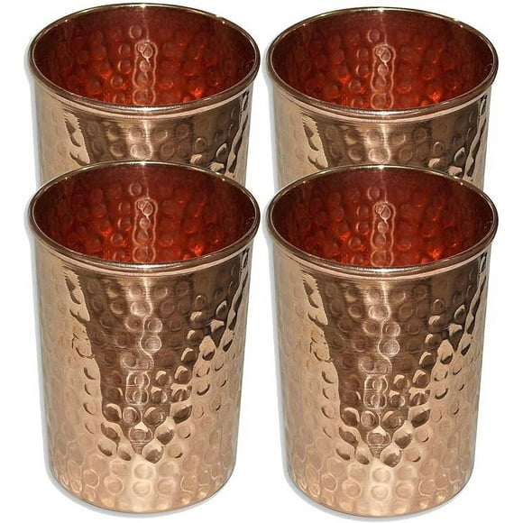 Pure Copper Verre d'Eau pour Bienfaits de Santé Ayurvédiques, Fini Lisse, Gobelet Martelé - 4 Pcs