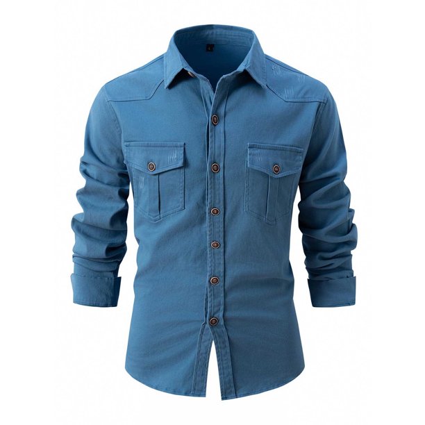 Blusa y camisa de manga larga con cuello vuelto para hombre, holgada, con solapa y botones, deportiva, de manga larga y solapa.
