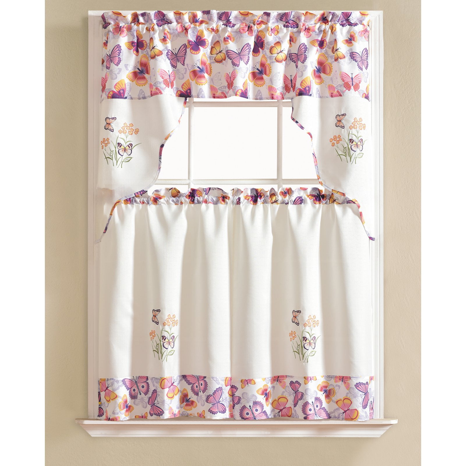 Swag & Valance Set Embroidered Ladybug Meadow Kitchen Curtains 24" Tier 