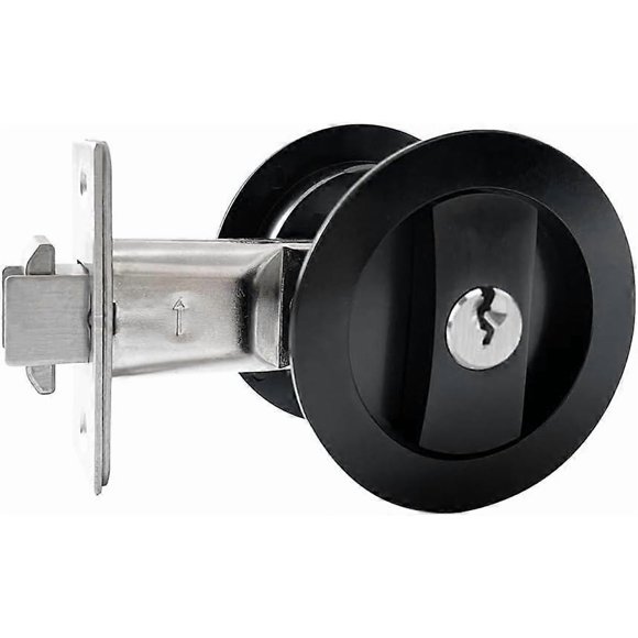 (Black)Matte Black Privacy Round Pocket Door Lock with Keys,Invisible Recessed Handle Latch,Pocket Door Hardware Lock for 1 3/8 to 2 31/32 Thickn