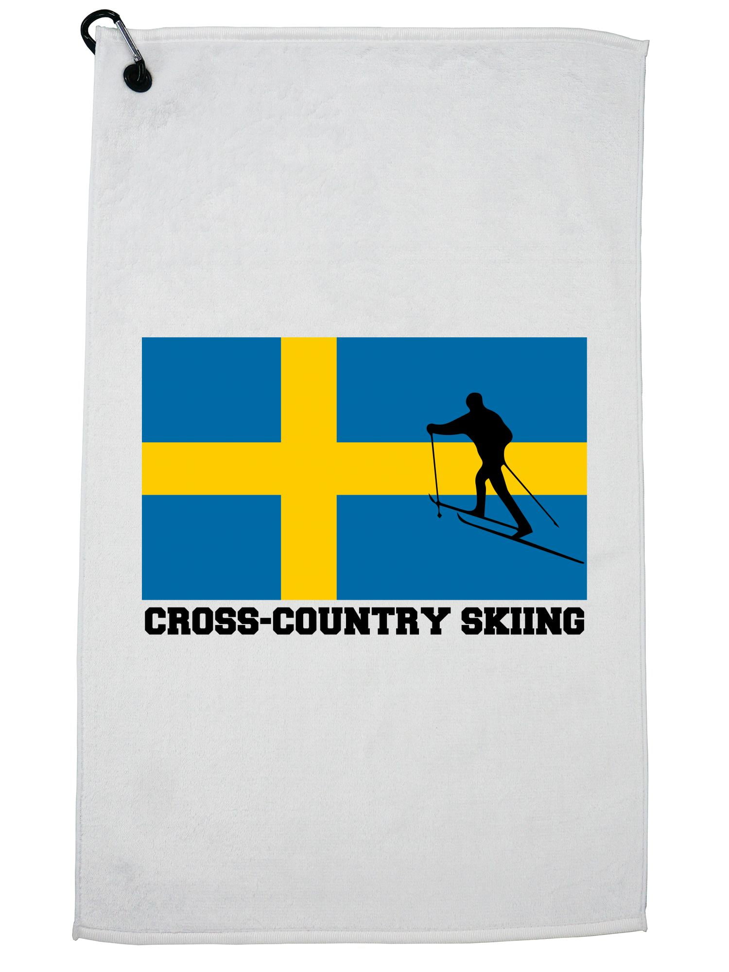 Sweden Olympic Cross-Country Skiing Flag Silhouette Golf Towel with Carabiner Clip by Hollywood Thread