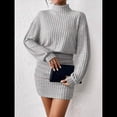 thumbnail image 4 of Vestido Tipo Jersey de Larga con Cuello Alto, Rayas, Ajustado, para Mujer, Otoño e Invierno, Falda Corta Gris L, 4 of 10